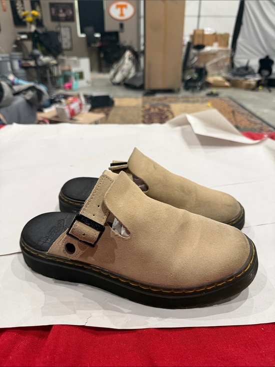 Dr. Martens Shoes - Dr. Martens Tan Suede Slip-On Clogs with Black Soles-SOLD